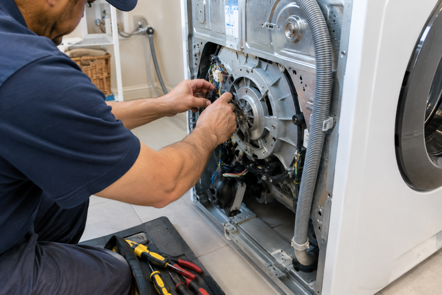 Technician repairing the back panel of a washing machine