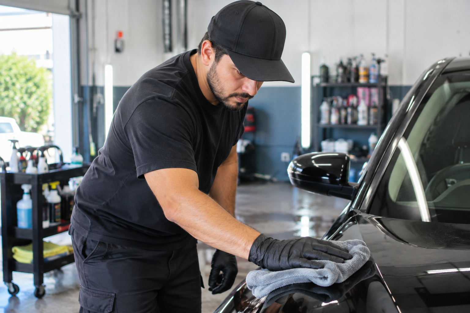 Detailer wiping down a car's interior panel