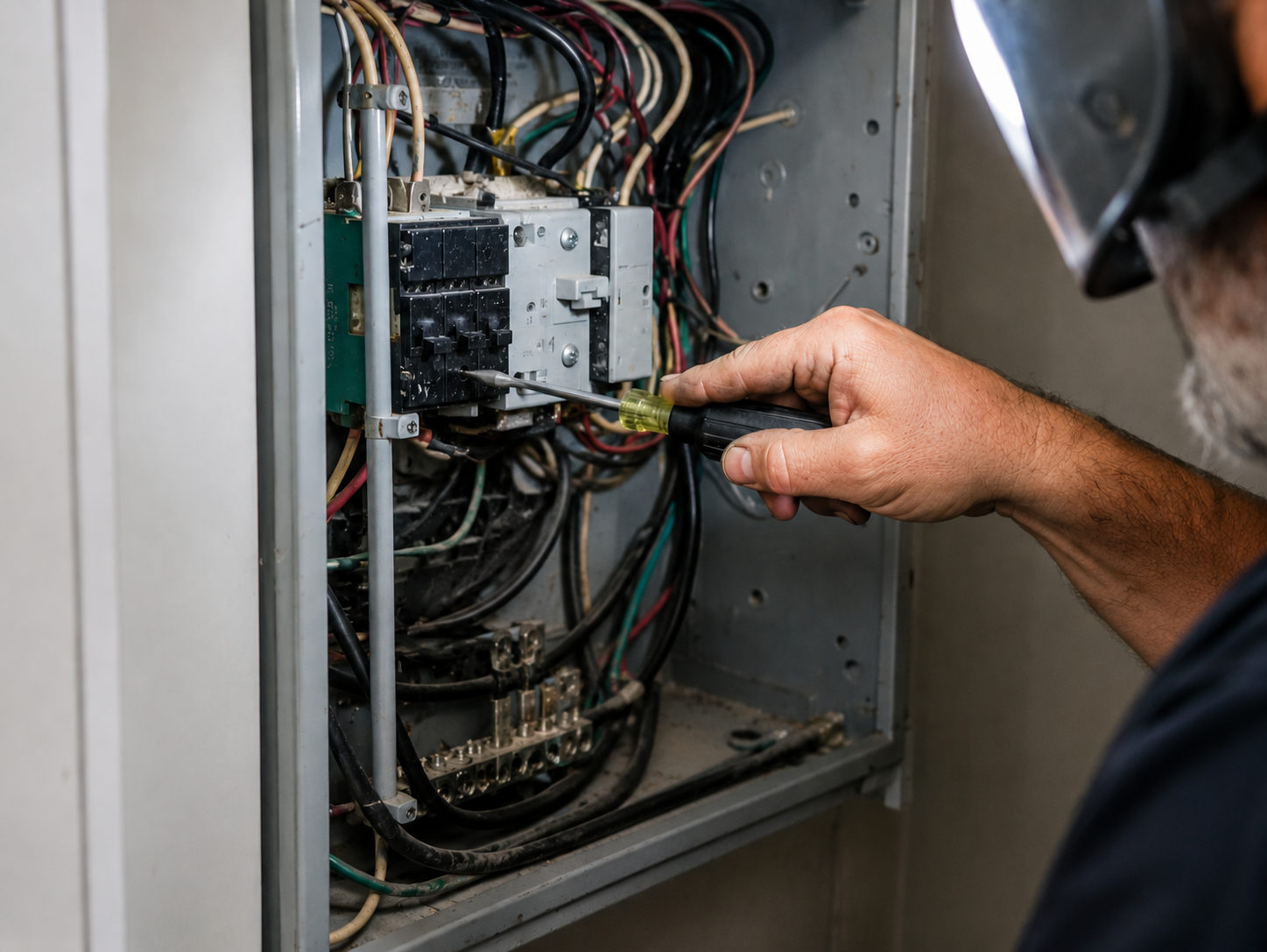 Electrician repairing a breaker panel