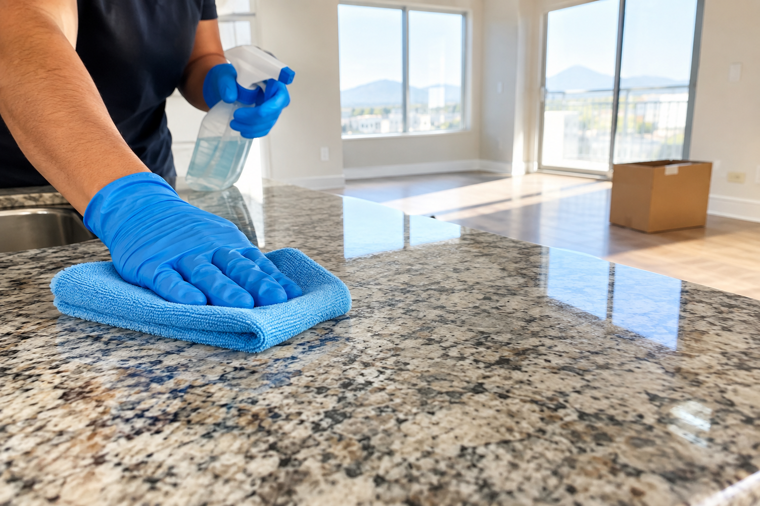 Cleaner wiping down a kitchen countertop during a move-out clean