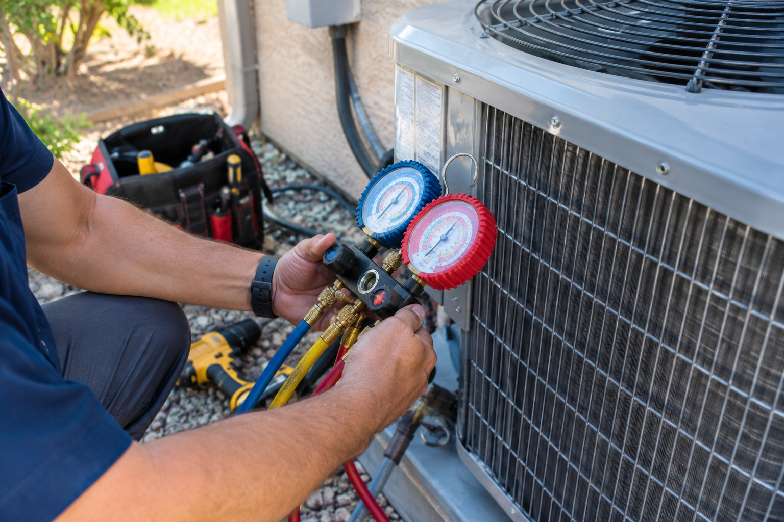 HVAC technician checking refrigerant pressure on an outdoor AC unit