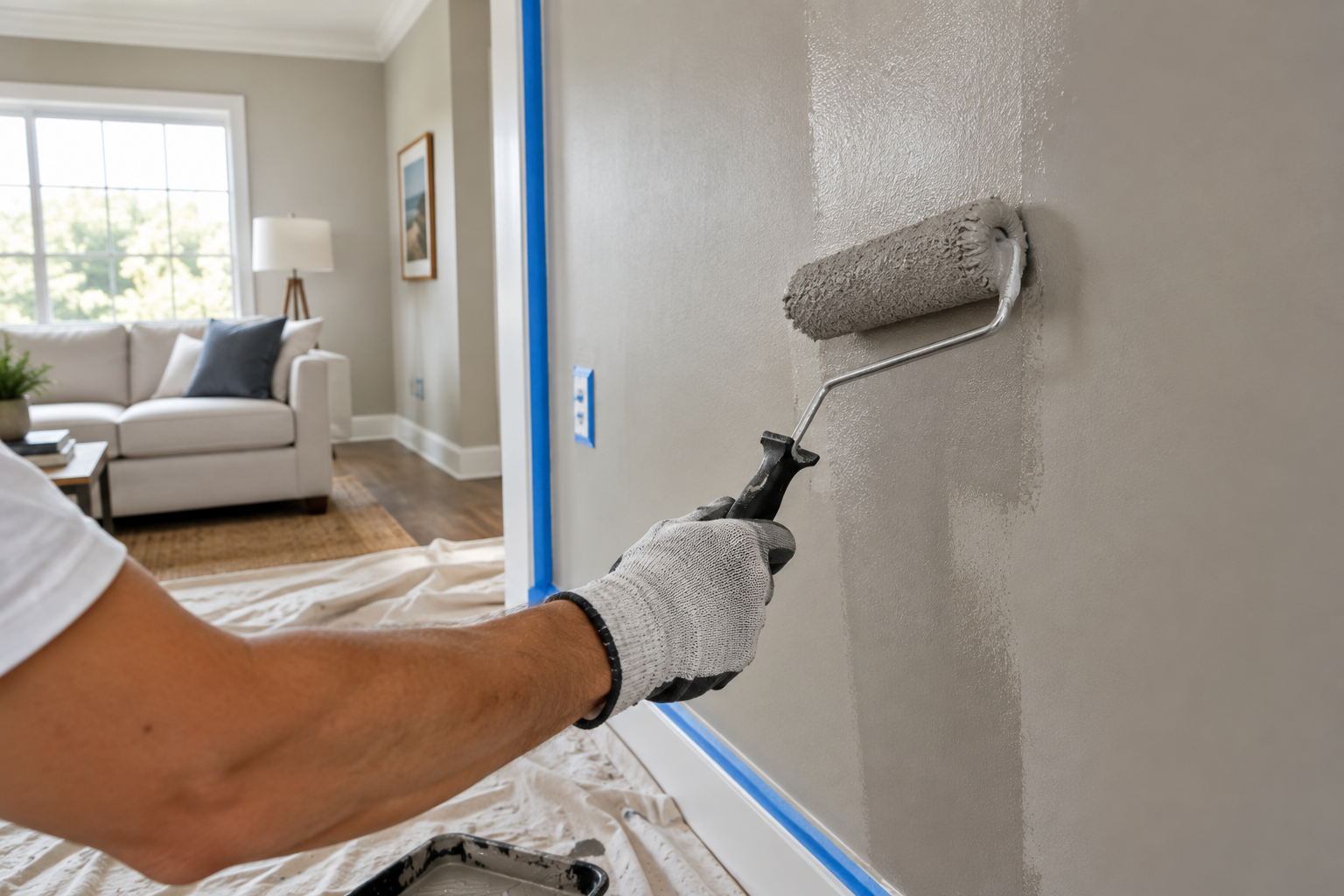 Painter rolling warm gray paint on an interior wall