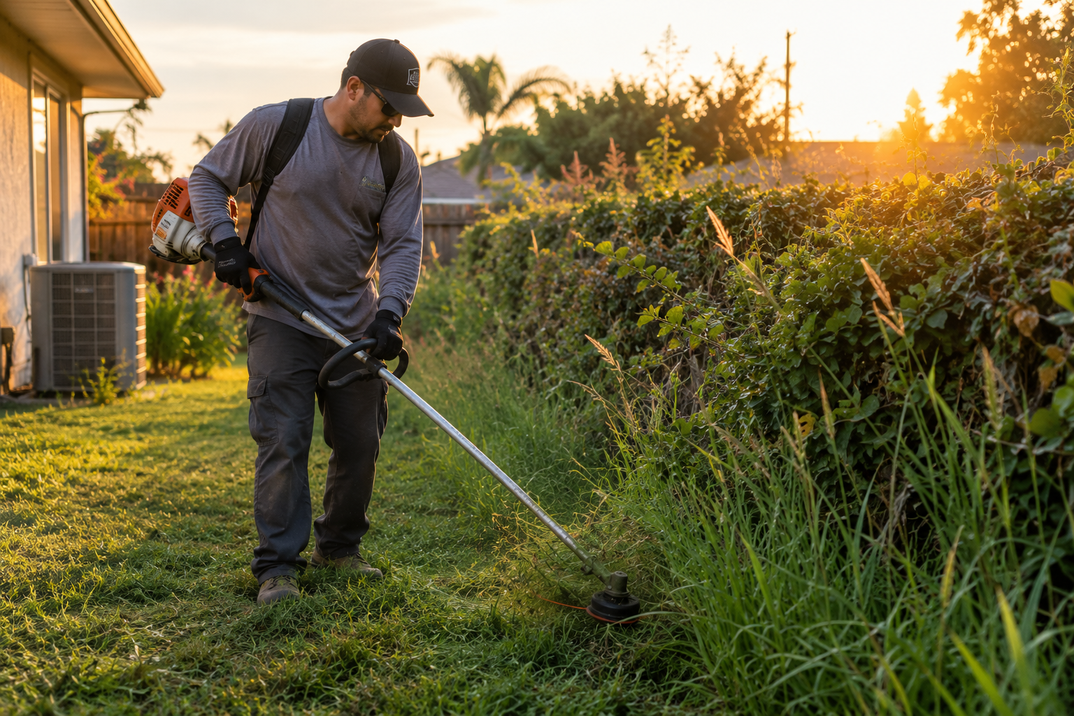 Landscaper trimming an overgrown hedge line
