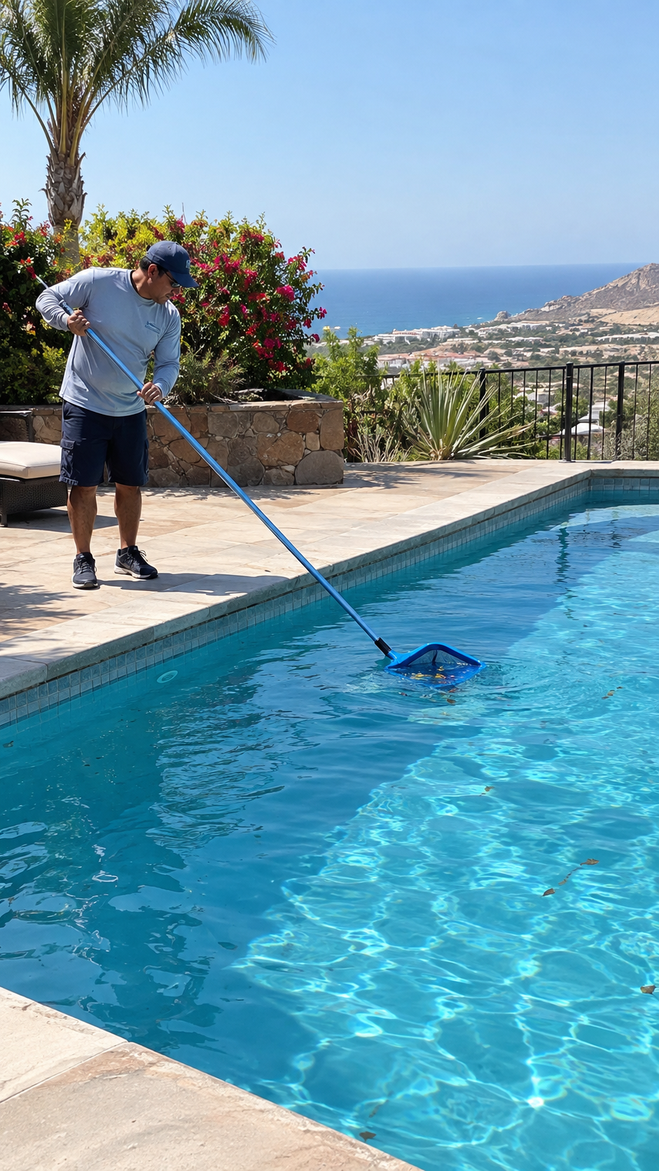 Pool technician skimming and netting debris from a backyard pool